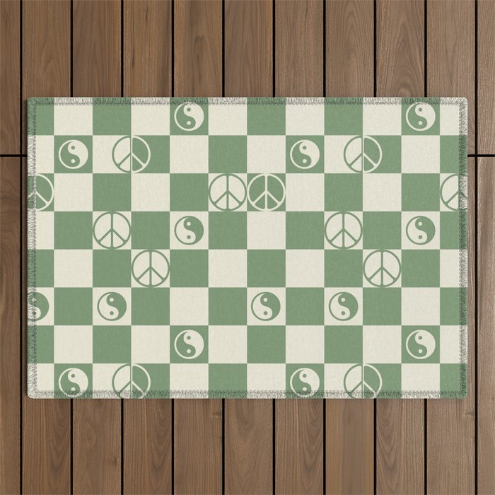 Checkered Peace Symbol & Yin Yang Outdoor Rug