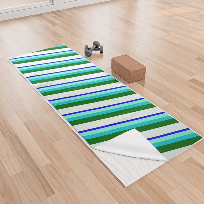 Blue, Aquamarine, Dark Turquoise, Dark Green & Mint Cream Colored Stripes/Lines Pattern Yoga Towel