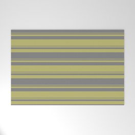[ Thumbnail: Dark Khaki & Grey Colored Striped Pattern Welcome Mat ]
