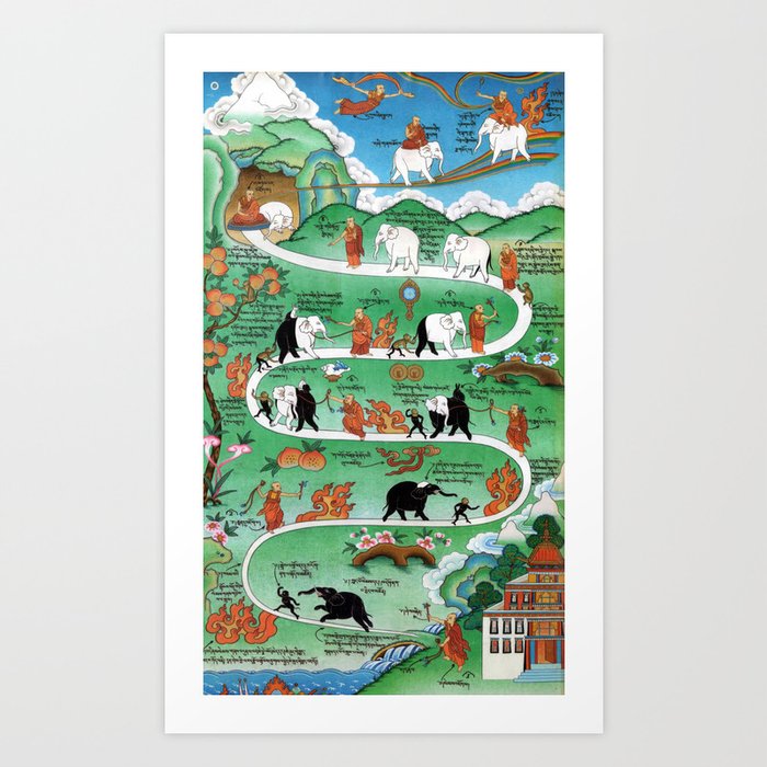 Taming The Elephant Mind Buddhist Path of Samatha Tibetan Painting Art Print