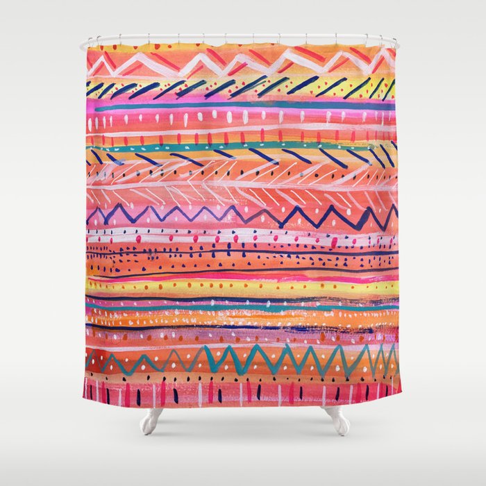 Hand Painted Bright Patterned Stripes Shower Curtain By