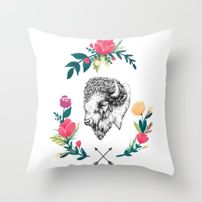 Floral Bison Throw Pillow