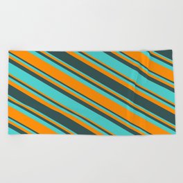 [ Thumbnail: Turquoise, Dark Orange & Dark Slate Gray Colored Pattern of Stripes Beach Towel ]
