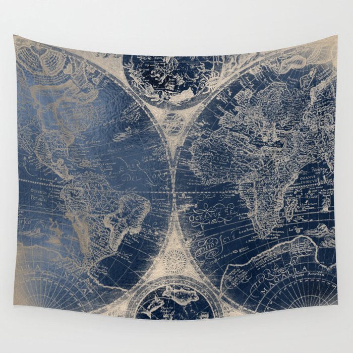 Antique World Map Gold Navy Blue Library Wall Tapestry