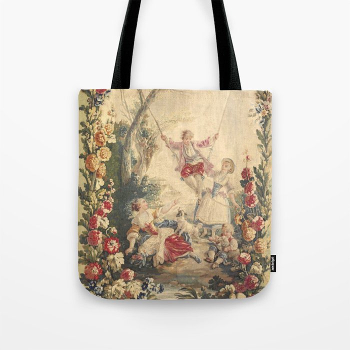 Antique 18th Century 'Boy on a Swing' Pastoral French Tapestry Tote Bag