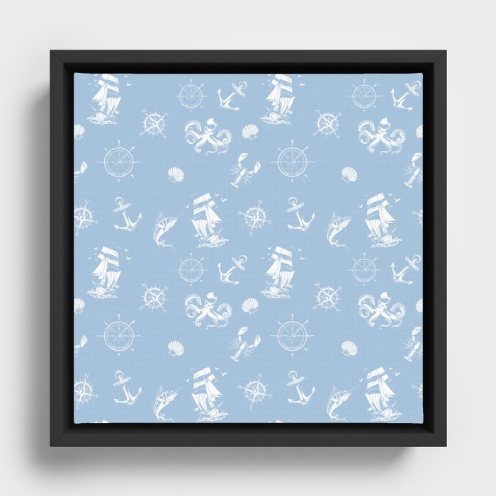 Pale Blue And White Silhouettes Of Vintage Nautical Pattern Framed Canvas