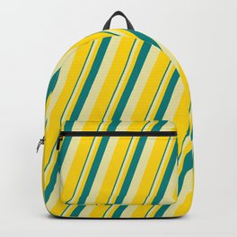 [ Thumbnail: Teal, Pale Goldenrod & Yellow Colored Lines Pattern Backpack ]