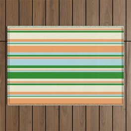 [ Thumbnail: Forest Green, Beige, Brown & Powder Blue Colored Striped Pattern Outdoor Rug ]