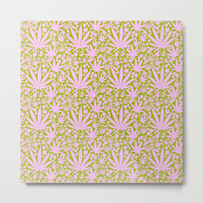 Modern Retro Cannabis Spring Flowers Pink And Green Metal Print