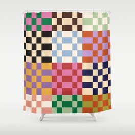 Retro 70s Colorful Patchwork Checkerboard Shower Curtain