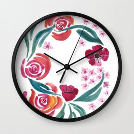 rose and poppies wreath Wall Clock