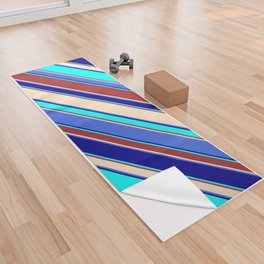 [ Thumbnail: Eye-catching Brown, Bisque, Royal Blue, Dark Blue & Cyan Colored Lined/Striped Pattern Yoga Towel ]