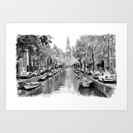 Black and White Watercolor Painting - Groenburgwal - Amsterdam Canal Art Print