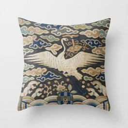 Antique Korean Crane and Whimsical Cloud Embroidered Vintage Rank Badge Throw Pillow