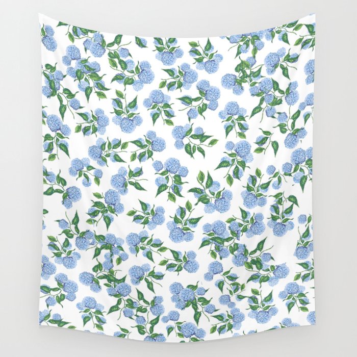 Hydrangea blue flowers, botanicals, blue and white floral Wall Tapestry