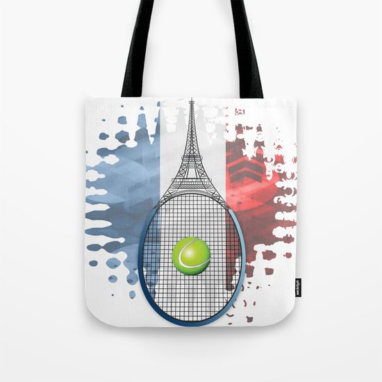 Racquet Eiffel Tower with French flag colors in background Tote Bag