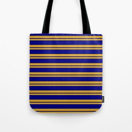 [ Thumbnail: Goldenrod & Blue Colored Striped/Lined Pattern Tote Bag ]