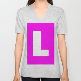 L (White & Magenta Letter) V Neck T Shirt
