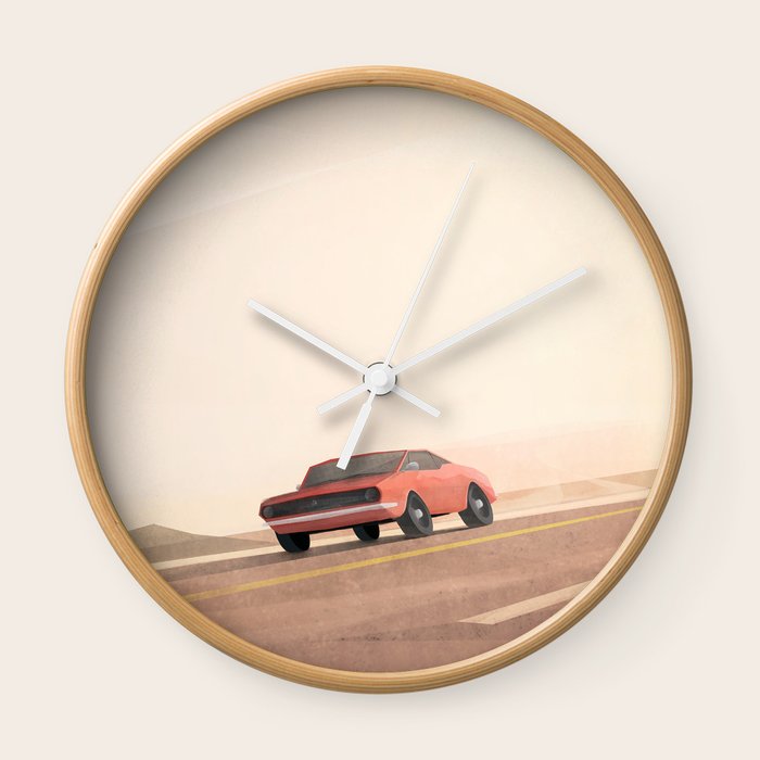 Fast Muscle Car Speeding Through The Desert Wall Clock By Jonathankemp Society6