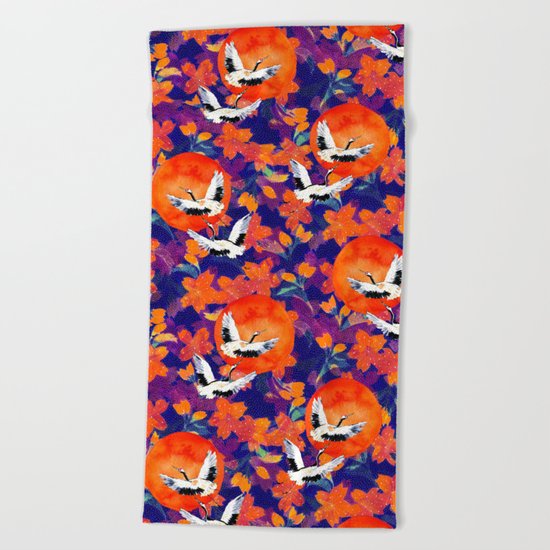 Japanese Garden: Cranes, Sun and Blossoms DK Beach Towel