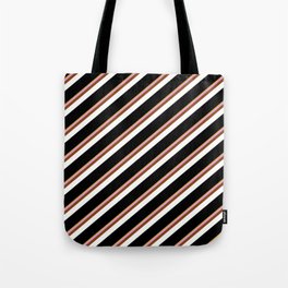 [ Thumbnail: Eye-catching Goldenrod, Plum, Brown, White & Black Colored Stripes Pattern Tote Bag ]