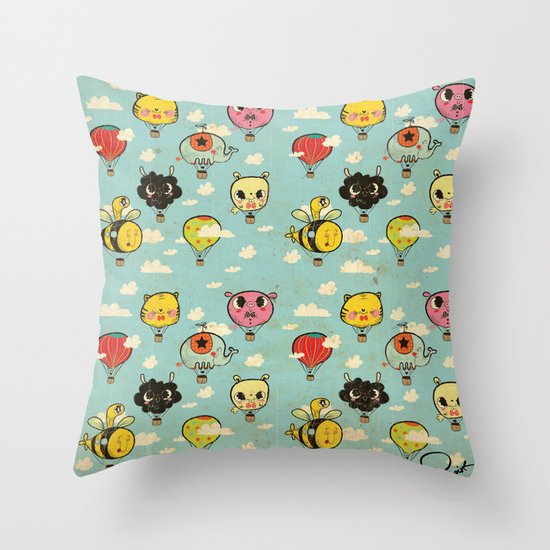 Happy Flight / The Animals Hot Air Balloon Voyagers / Patterns / Clouds Throw Pillow