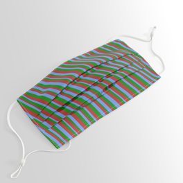 [ Thumbnail: Cornflower Blue, Green & Red Colored Stripes Pattern Face Mask ]