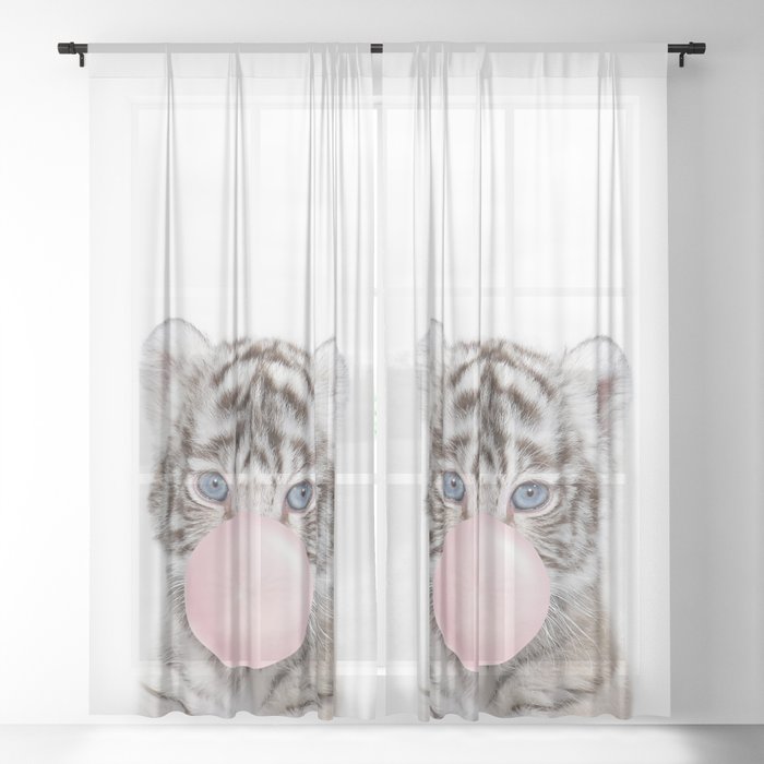 Baby White Tiger Blowing Bubble Gum, Pink Nursery, Baby Animals Art Print by Synplus Sheer Curtain