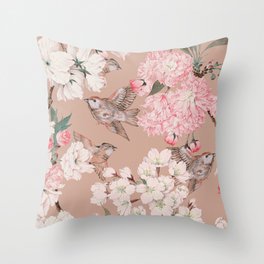 Vintage Japanese Garden, Sakura Cherry Blossom Flowers and Sparrow Birds Pattern in Tan and Blush  Throw Pillow