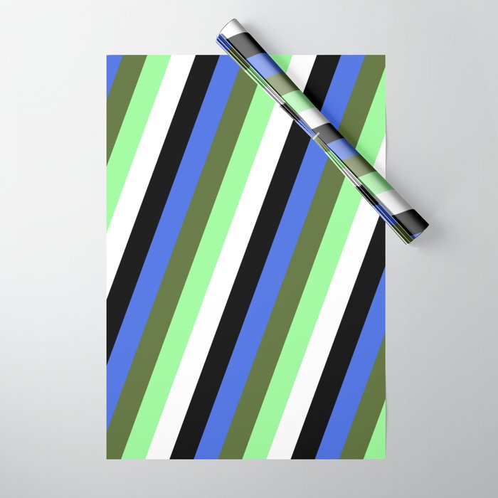 Vibrant Dark Olive Green, Green, White, Black, and Royal Blue Colored Lined Pattern Wrapping Paper
