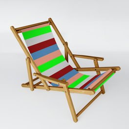 [ Thumbnail: Eye-catching Dark Salmon, Lime, Light Gray, Dark Red, and Blue Colored Lined Pattern Sling Chair ]