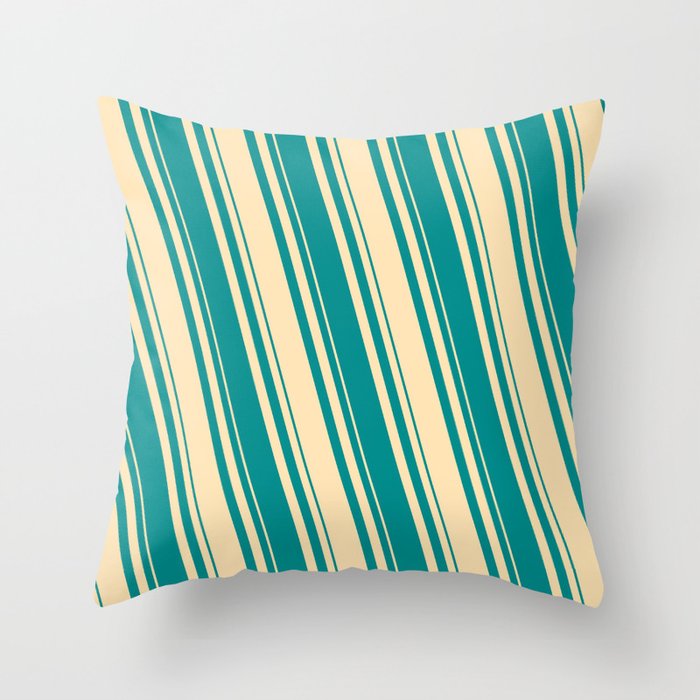Beige & Dark Cyan Colored Lines/Stripes Pattern Throw Pillow