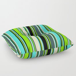 [ Thumbnail: Eyecatching Green, Dark Slate Gray, Bisque, Turquoise, and Black Colored Lined Pattern Floor Pillow ]