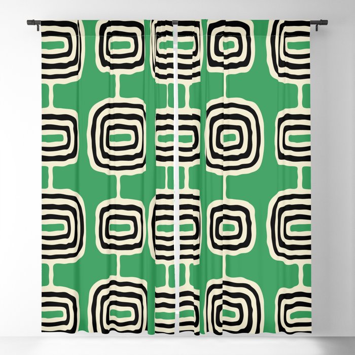 Mid Century Modern Atomic Rings Pattern 237 Black Beige and Green Blackout Curtain