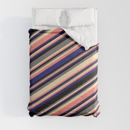 [ Thumbnail: Vibrant Black, Dim Gray, Tan, Salmon & Midnight Blue Colored Stripes Pattern Comforter ]