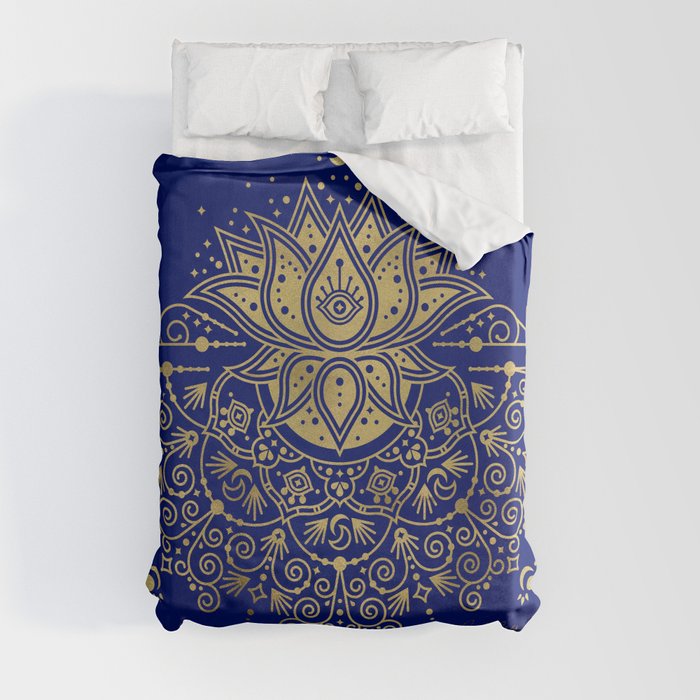 Sacred Lotus Mandala – Navy & Gold Palette Duvet Cover