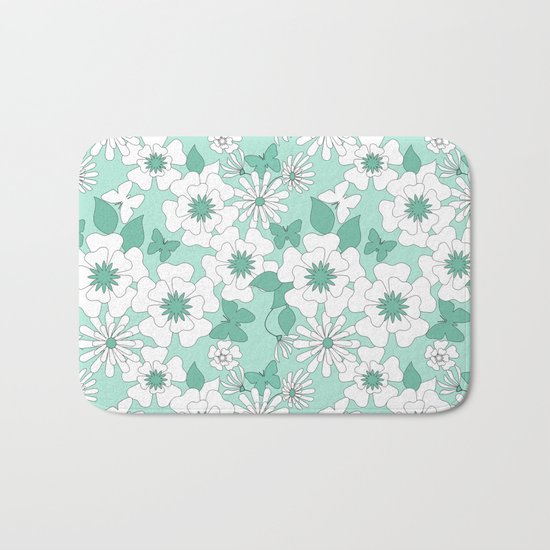 Turquoise floral pattern . Bath Mat