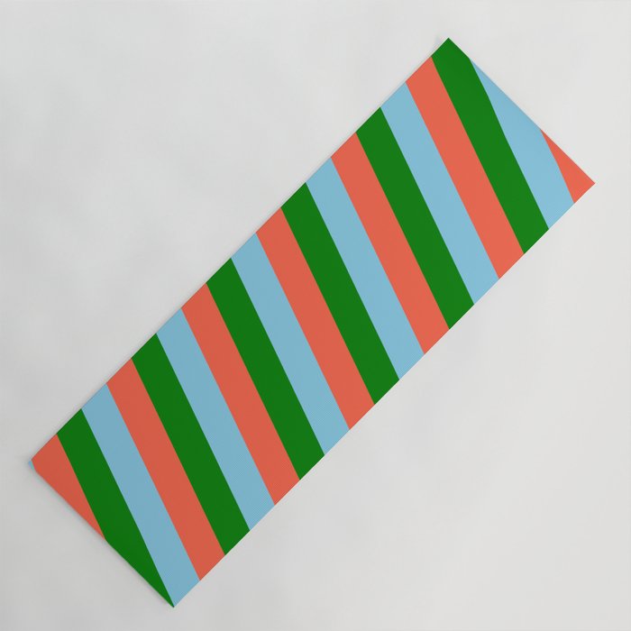 Sky Blue, Red, and Green Colored Stripes Pattern Yoga Mat