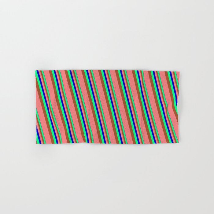 Blue, Green, Sienna & Light Coral Colored Striped/Lined Pattern Hand & Bath Towel
