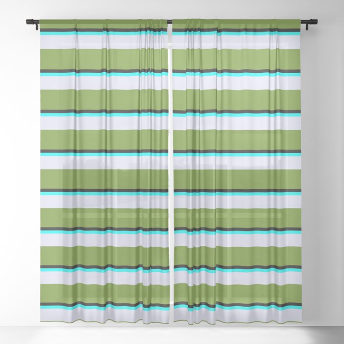 Black, Aqua, Lavender & Green Colored Stripes Pattern Sheer Curtain
