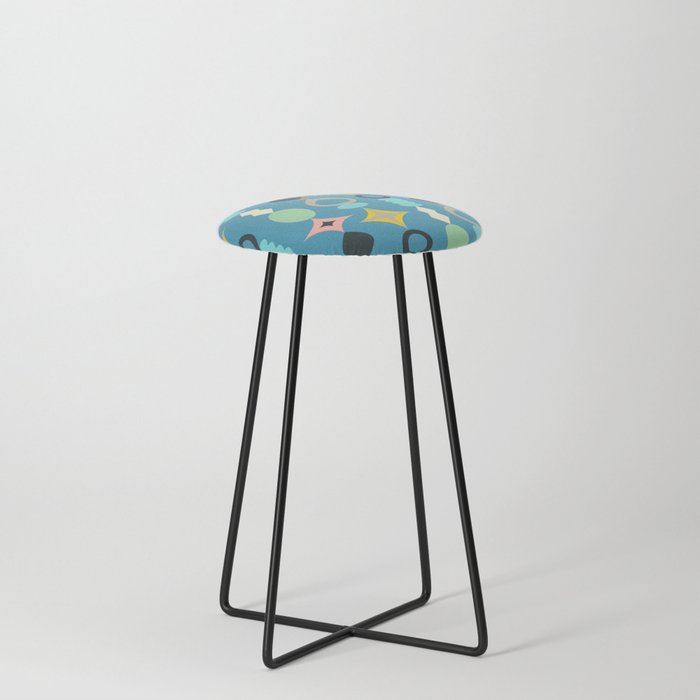 SUNCATCHERS MID-CENTURY MODERN ABSTRACT PATTERN in RETRO MULTI-COLOURS WITH BLACK ON BLUE Counter Stool