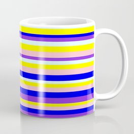 [ Thumbnail: Eyecatching Pink, Blue, Purple, Light Cyan & Yellow Colored Striped Pattern Coffee Mug ]