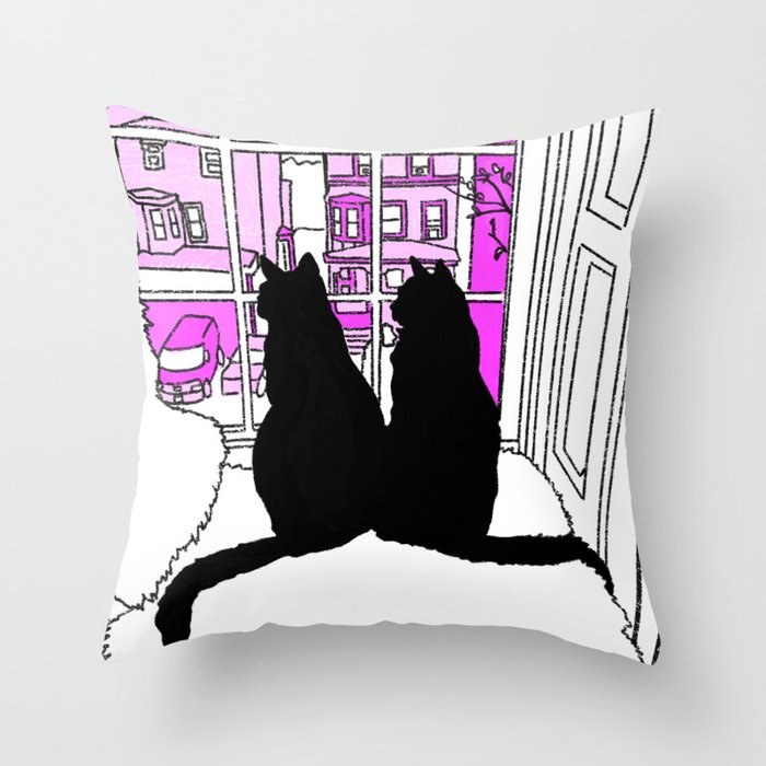 Window Cats Silhouette Hot Pink Throw Pillow