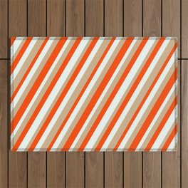 [ Thumbnail: Red, Mint Cream, and Tan Colored Lines Pattern Outdoor Rug ]