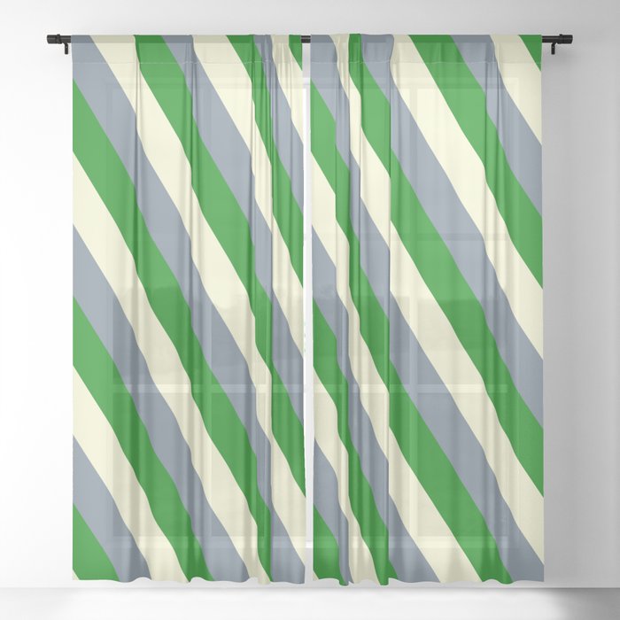 Light Yellow, Slate Gray, and Green Colored Lined Pattern Sheer Curtain