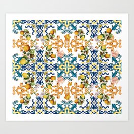 Sicilian vintage summer blue tiles pattern with lemon and kiwi Art Print