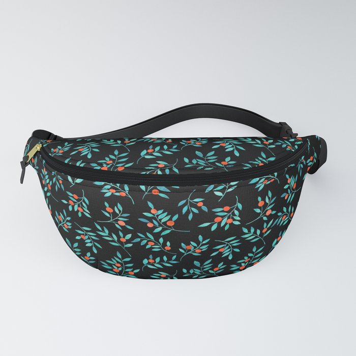 Botanical Teal Branches in Black  Fanny Pack