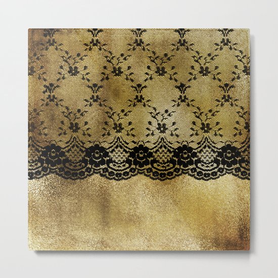 Black floral elegant lace on gold metal background- #Society6 Metal Print