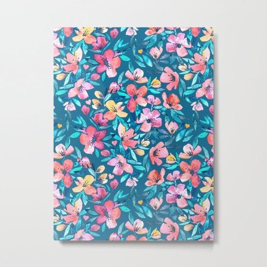 Teal Summer Floral in Watercolors Metal Print