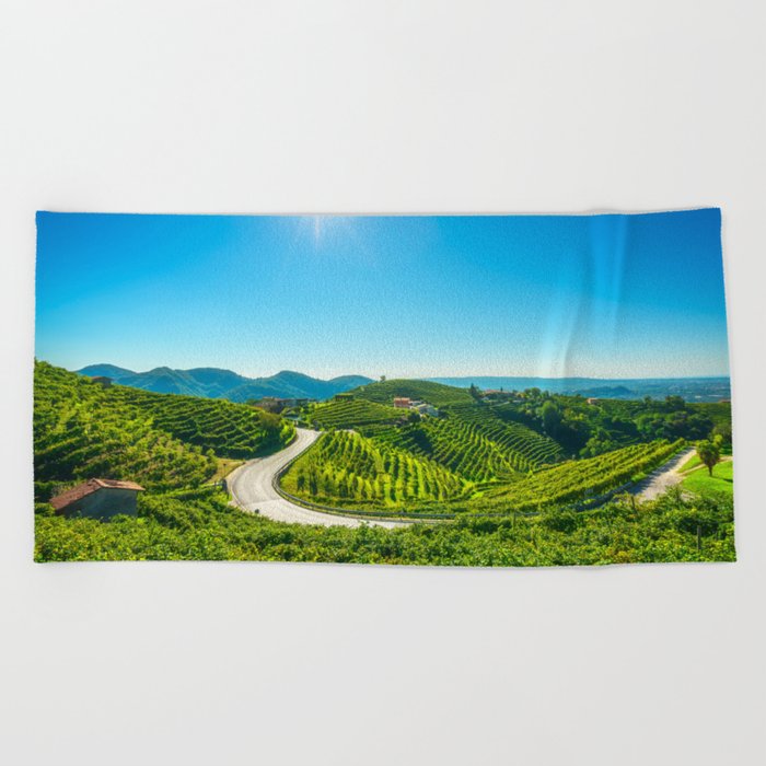 Vineyards and road. Prosecco Hills, Italy Beach Towel